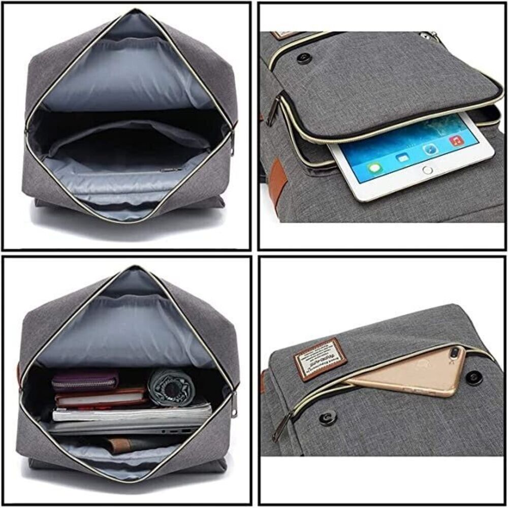 Canvas Grey 15.6" Laptop Backpack USB Charging Port - British Vintage Style - Picture 5 of 15